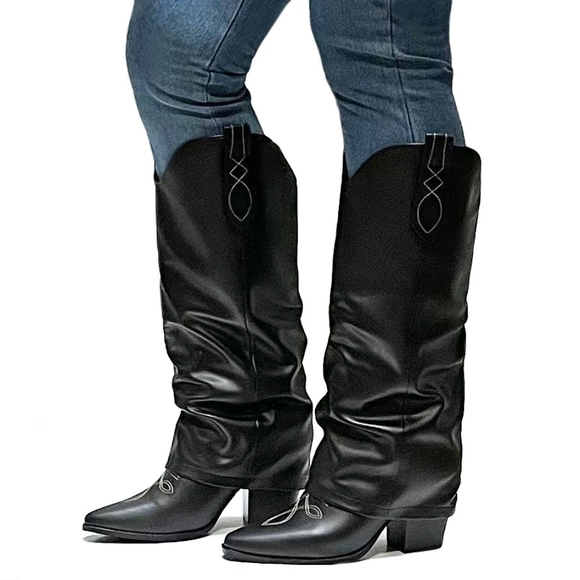 New Black Cowboy Fold Over Western Knee High Cowgirl Boots - Picture 3 of 6